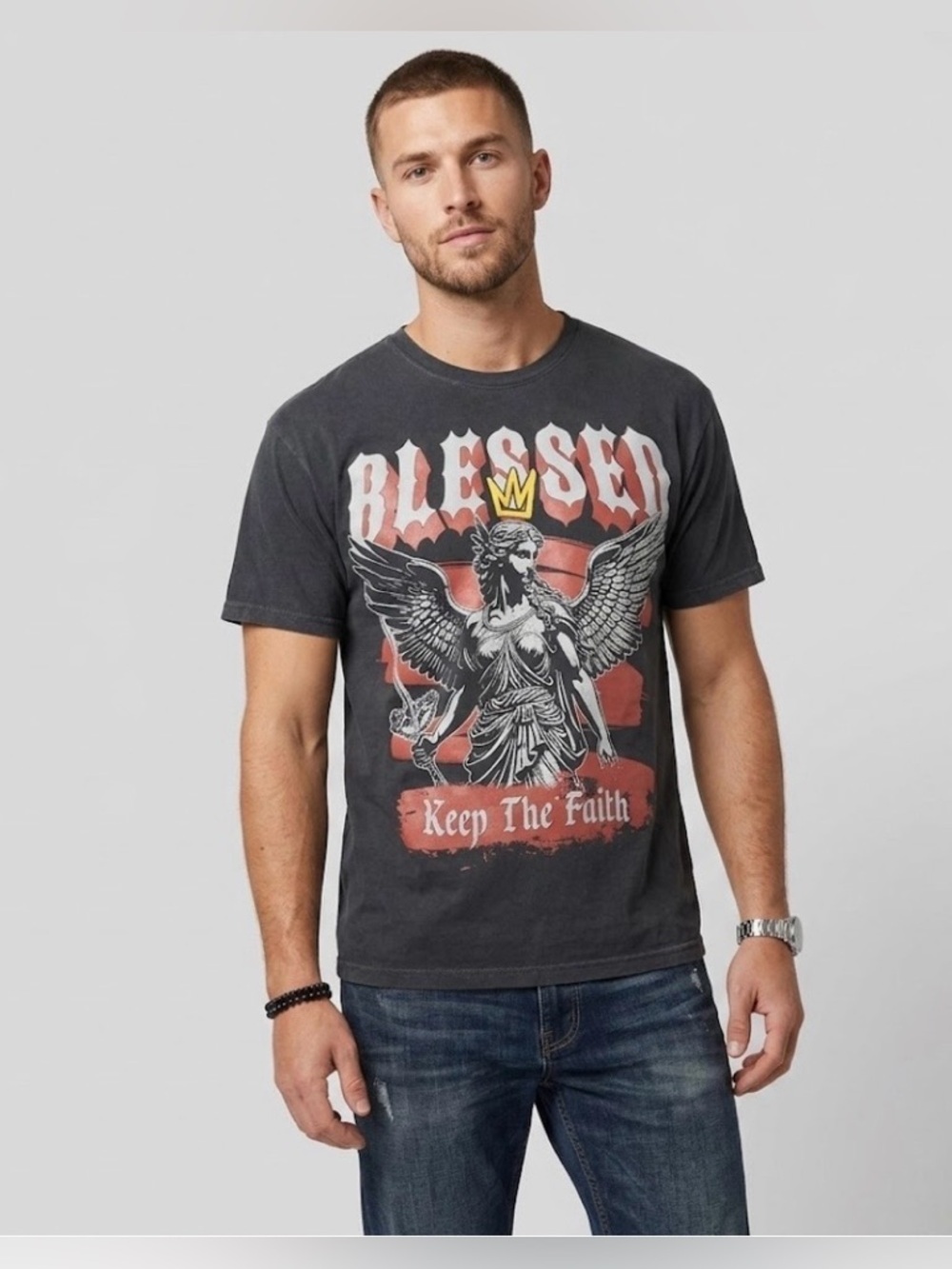 Men's Black 'Blessed' Graphic Crew Neck Tee - Keep The Faith LEGEND